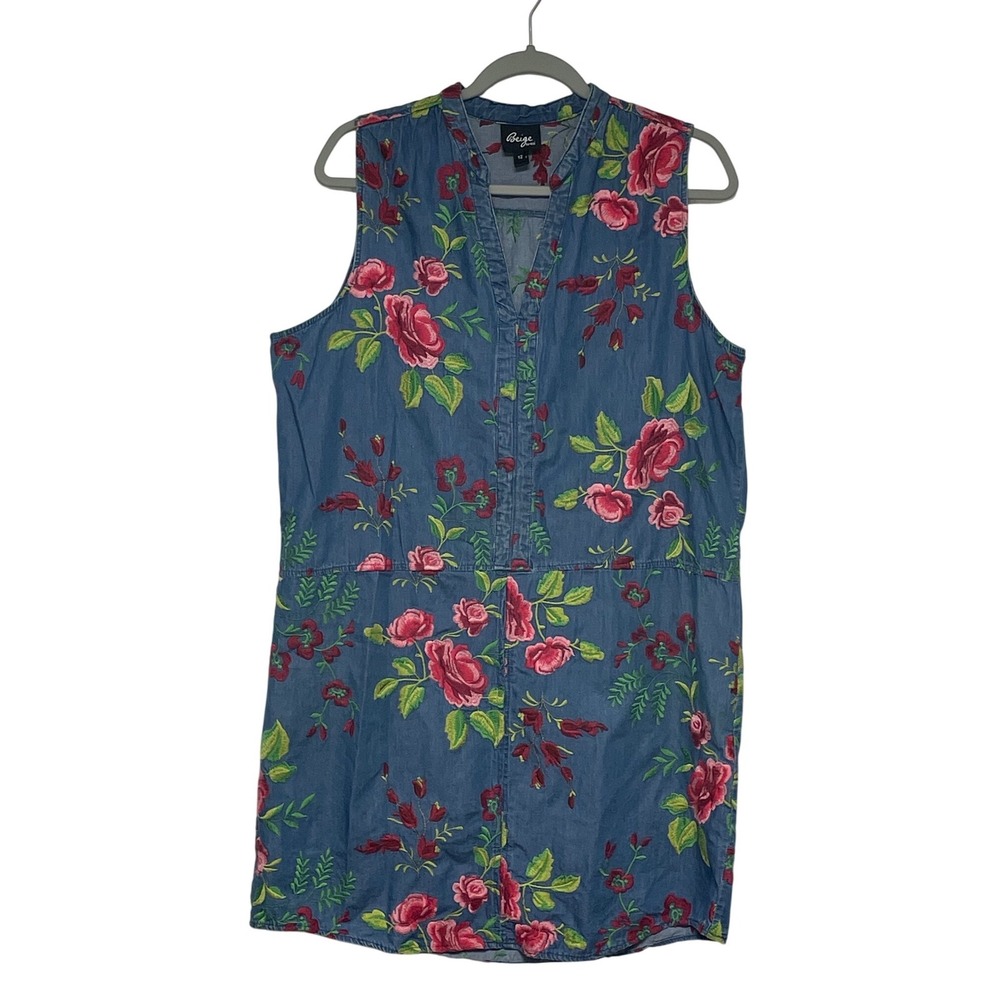Beige by eci Embroidered Floral Denim Sleeveless Dress Women's‎ 12